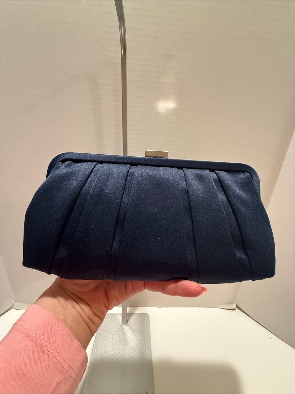 Nina Satin Evening Clutch in Navy with Hot Pink Lining with Silver Chain - Picture 11 of 11